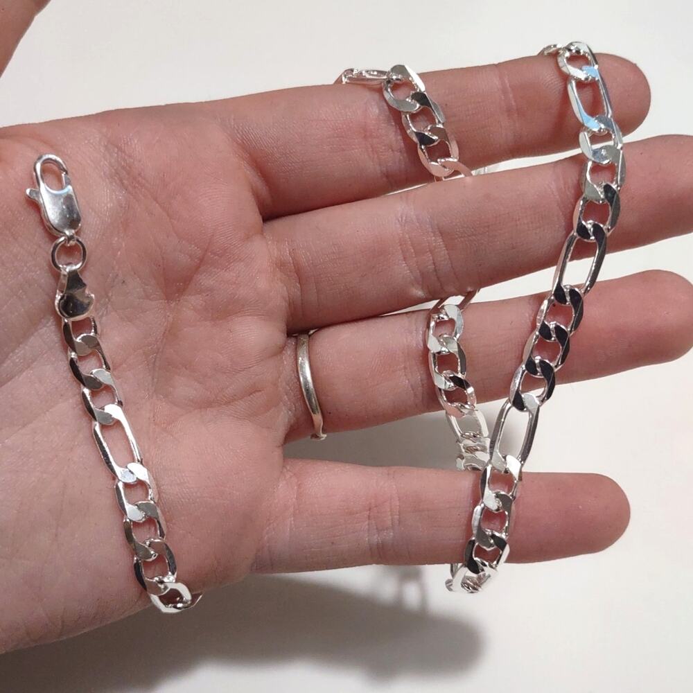 925 Silver Necklace Bracelet Set Bundle Figaro Chain Birthday Valentine's Gift!
